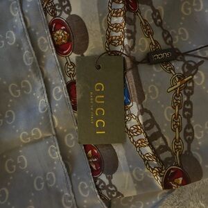 Gucci Light Blue and Brown Chain Pattern Scarf